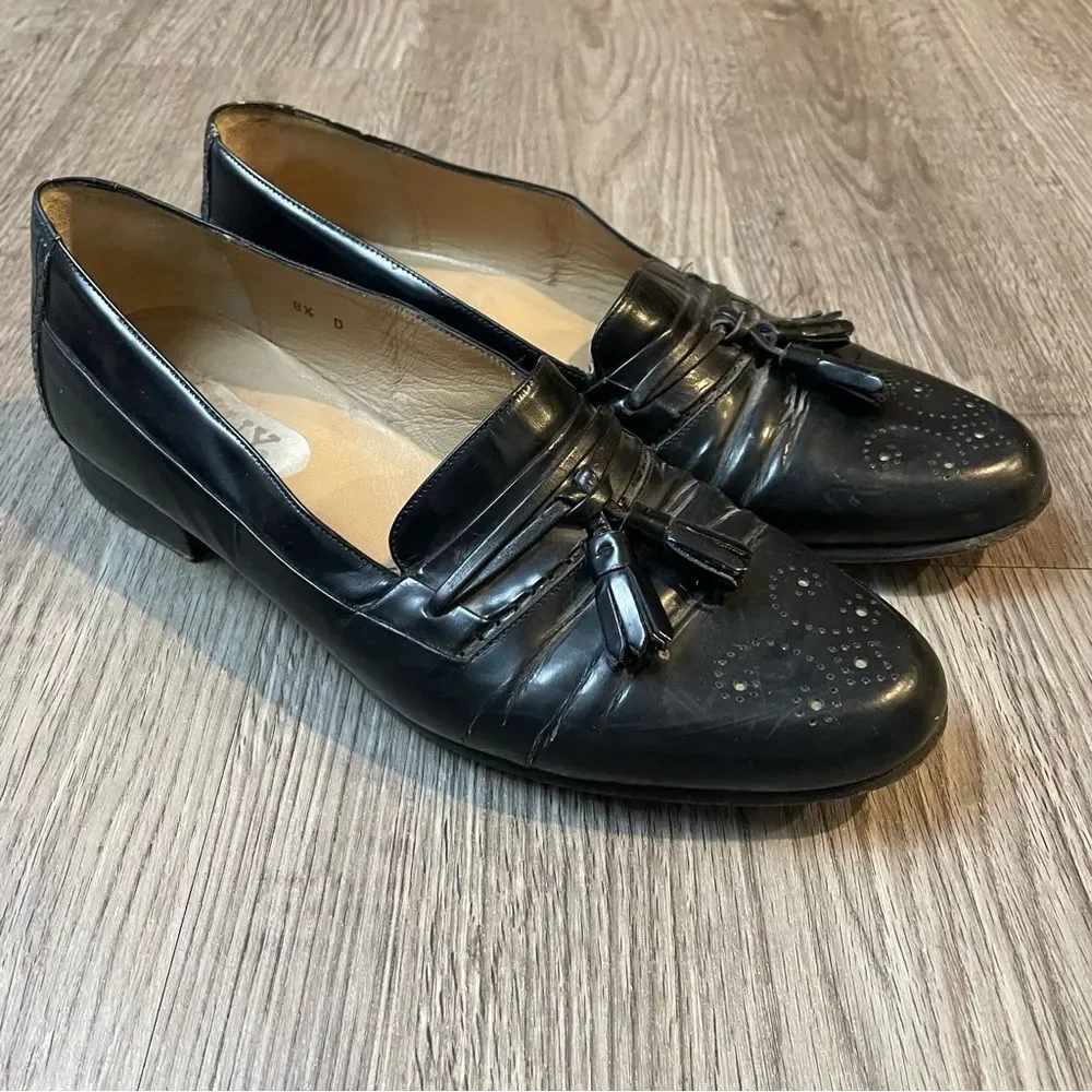BALLY Vintage Black Leather Tassel Perforated Loafers